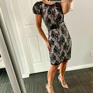 Mango black/blush cocktail lace dress with belt, short sleeves size xs